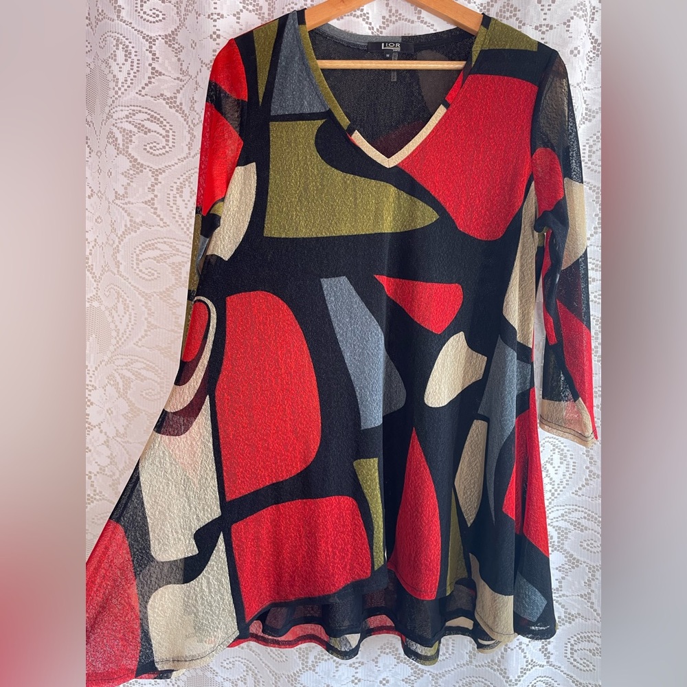 NWOT! Lior Paris Cece Mesh Abstract Red Black Olive Grey Sheer Tunic Top
